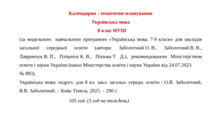 Календарно-тематичне планування з української мови з групами результатів (ГР 1, ГР 2, ГР 3, ГР 4) для 8 класу НУШ на рік (Заболотний О.) 105 год. (3 год. на тиждень)