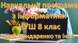 Навчальна програма «Інформатика 8 клас» на основі модельної програми та підручника авторів: О.Бондаренко та інші 1 година на тиждень
