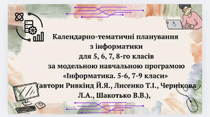 Календарно-тематичні планування з інформатики для 5, 6, 7, 8-го класів за модельною навчальною програмою «Інформатика. 5-6, 7-9 класи» (автори Ривкінд Й.Я., Лисенко Т.І., Чернікова Л.А., Шакотько В.В.), 35 год
