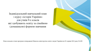 Індивідуальний навчальний план з курсу «історія України» для учнів 9-х класів  які здобувають освіту за сімейною (домашньою) формою навчання