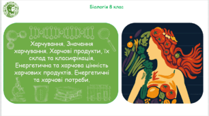 Презентація, конспект уроку та робочі аркуші на тему "Харчування. Значення харчування. Харчові продукти, їх склад та класифікація. Енергетична та харчова цінність харчових продуктів. Енергетичні та харчові потреби". 8 клас НУШ