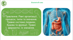 Презентація, конспект уроку та робочі аркуші на тему "Травлення. Рівні організації, процеси, типи та значення. Травна система людини, будова та функції. Травні ферменти, їх значення". 8 клас НУШ