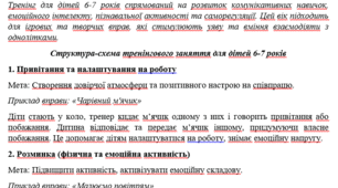 План-конспект (структурна схема тренінгу) "Тренінг для дітей 6-7 років спрямований на розвиток комунікативних навичок, емоційного інтелекту, пізнавальної активності та саморегуляції. "