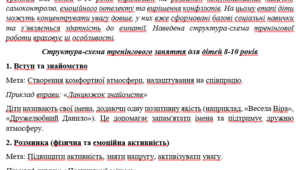 План конспект (структурна схема тренінгу) Тренінги для дітей 8-10 років спрямовані на розвиток комунікативних навичок, самоконтролю, емоційного інтелекту та вирішення конфліктів.