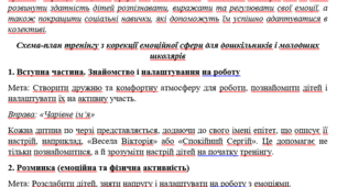 Схема-план тренінгу з корекції емоційної сфери для дошкільників і молодших школярів