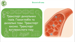 Презентація, конспект уроку та робочі аркуші на тему "Транспорт дихальних газів. Гемоглобін та дихальні гази. Транспорт кисню. Транспорт вуглекислого газу". 8 клас НУШ
