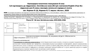 Календарно-тематичне планування до підручника Англійська мова 8 клас 2025р, 1 семестр, 3,5 год\тижд. з ключовими компетенціями, інтегрованими змістовними лініями, очікуваними результатами, ГР 1, 2, 3, автор О. Карпюк Модельна програма під ред. Редько