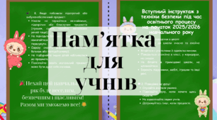 Пам'ятка Вступний (первинний) інструктаж з техніки безпеки для учнів 1-4 класів на початок 2025/2026 н.р. з Лабубу