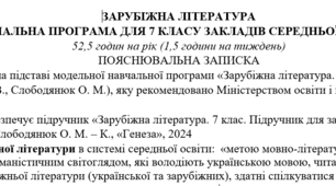 Навчальна програма з ГР із зарубіжної літератури 7 клас НУШ (52,5 год.) до підручника Волощук Є.
