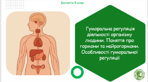 Презентація, конспект уроку та робочі аркуші на тему "Гуморальна регуляція діяльності організму людини. Поняття про гормони та нейрогормони. Особливості гуморальної регуляції". 8 клас НУШ