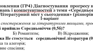 Досліджує мовлення (ГР4) Діагностувальна робота з тем: «Середньовіччя: світло крізь темряву», «Літературний міст у сьогодення» до підручника Ніколенко 8 клас