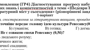 Досліджує мовлення (ГР4) Діагностувальна робота з тем: «Шедеври Ренесансу», «Літературний міст у сьогодення»  до підручника Ніколенко 8 клас