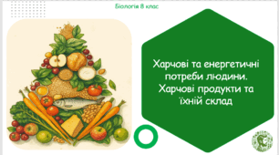 Презентація, конспект уроку та робочі аркуші на тему "Харчові та енергетичні потреби людини. Харчові продукти та їхній склад". 8 клас НУШ
