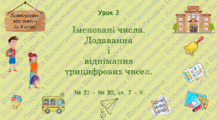 Урок. Повторення вивченого за 3 клас. Іменовані числа. Додавання і віднімання трицифрових чисел. № 21 - № 30, ст. 7 - 9. (Ч. І).
