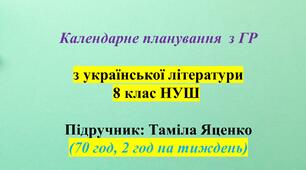 Календарне планування з ГР. Українська література. 8 клас НУШ. Яценко Т. О. (70 год / 2 год на тиждень)
