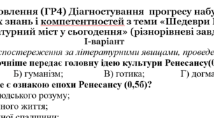 Досліджує мовлення (ГР4) Діагностувальна робота з тем: «Шедеври Ренесансу», «Літературний міст у сьогодення» до підручника Міляновської Н. 8 клас