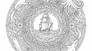 Географічна мандала для розмальовування з темою мореплавства та морських пригод.