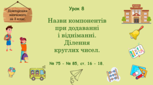 Урок. Повторення вивченого за 3 клас. Назви компонентів при додаванні і відніманні. Ділення круглих чисел. № 75 - № 85, ст. 16 - 18. (Ч. І).
