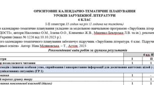 Орієнтовне КТП з групами результатів із зарубіжної літератури 6 клас НУШ (35 год.) до підручника Н Міляновська.