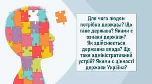 Для чого людям потрібна держава? Що таке держава? Якими є ознаки держави? Як здійснюється державна влада? Що таке адміністративний устрій? Якими є цінності держави Україна?