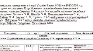 КТП з Історії України 8 клас НУШ на 2025/2026 н.р. (1 г/т ) Розроблено на основі модельної навчальної програми «Історія України. 7-9 класи» (авт. Бурлака) Підручник для 8 кл.. Авт:І.Щупак, О,Бурлака. Рік 2025