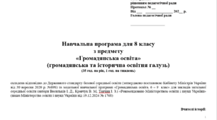 Навчальна програма "Громадянська освіта. 8 клас НУШ" (Васильків І. Д.) 35 год.