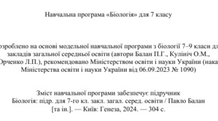 Навчальна програма з біології 7 клас НУШ (автор Модельної програми: Балан)