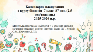 Календарно-тематичне планування з курсу біологія  7 клас НУШ  87 год. (2,5 год/тиждень)
