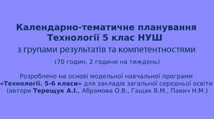 КТП з групами результатів із технологій 5 клас НУШ (на основі модельної начальної програми «Технології. 5-6 класи» Терещук А.І.)