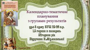 Календарно-тематичне планування уроків зарубіжної літератури у 8-ому класі із групами результатів. Підручник Н.Міляновської . 1,5 години тижневого навантаження.