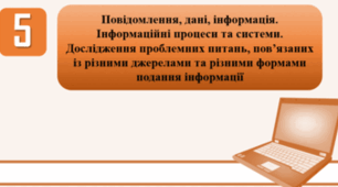 Тестування з теми: "Повідомлення, дані, інформація. Інформаційні процеси та системи. Дослідження проблемних питань, пов’язаних із різними джерелами та різними формами подання інформації".
