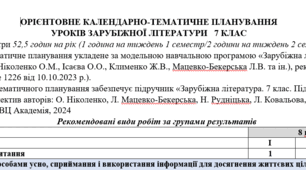 Орієнтовне КТП з групами результатів із зарубіжної літератури, 7 клас НУШ (52,5 год.: I семестр – 1 год/тиждень, II семестр – 2 год/тиждень) до підручника Ніколенко О.