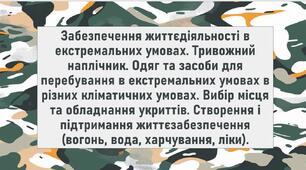 Забезпечення життєдіяльності в екстремальних умовах. Тривожний наплічник. Одяг та засоби для перебування в екстремальних умовах в різних кліматичних умовах. Вибір місця та обладнання укриттів.