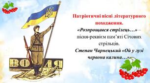 Патріотичні пісні літературного походження. «Розпрощався стрілець…» – пісня-реквієм пам’яті Січових стрільців. Степан Чарнецький «Ой у лузі червона калина…».
