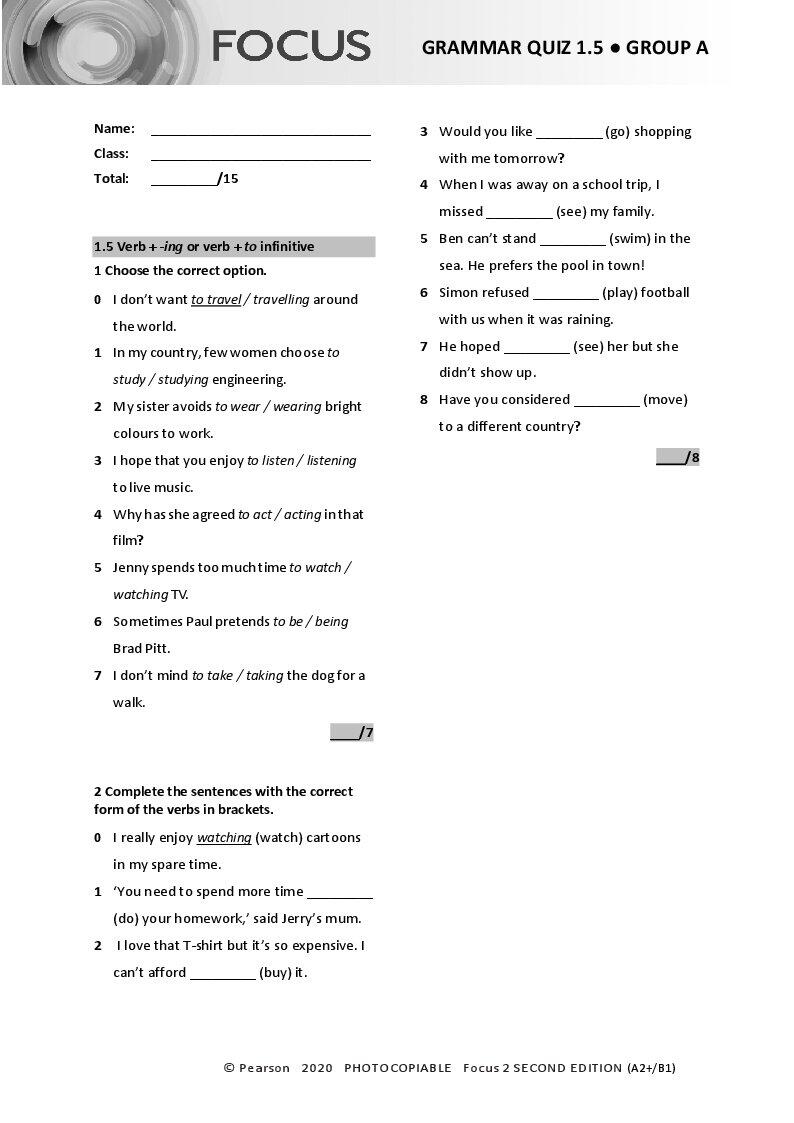 focus 2 unit 1.5 grammar test