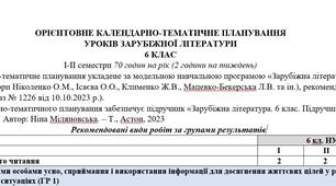 Орієнтовне КТП з групами результатів із зарубіжної літератури 6 клас НУШ (70 год.) до підручника Н Міляновська.