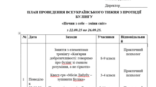 ПЛАН ПРОВЕДЕННЯ ВСЕУКРАЇНСЬКОГО ТИЖНЯ З ПРОТИДІЇ БУЛІНГУ
