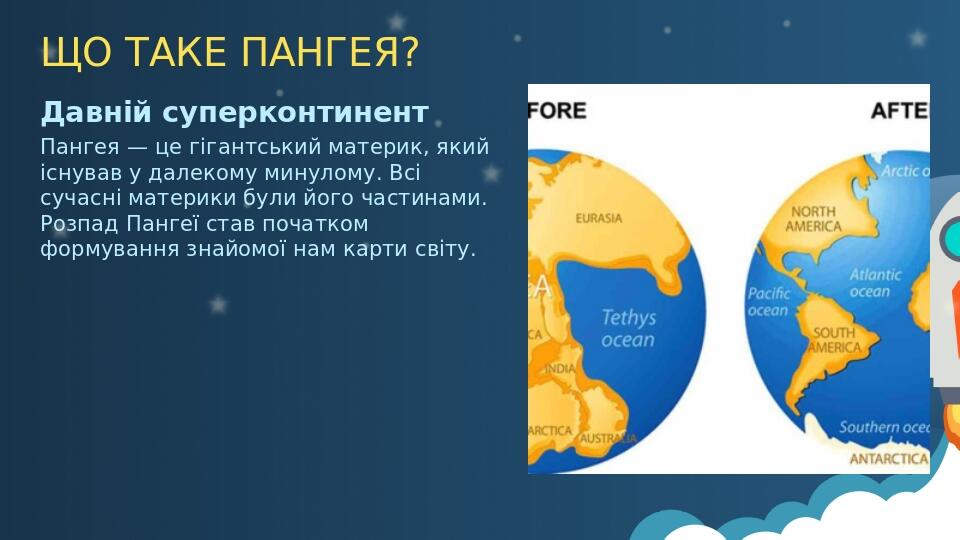 ЩО ТАКЕ ПАНГЕЯ? Давній суперконтинент Пангея — це гігантський материк, який існував у далекому минулому. Всі сучасні материки були його частинами. ...