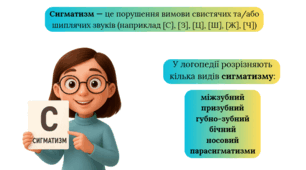Види порушень звуковимови свистячих звуків: міжзубний, призубний, губно-зубний, бічний, носовий сигматизм. Парасигматизми та їх характерні зміни.