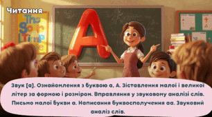 Звук [а]. Ознайомлення з буквою а, А. Зіставлення малої і великої літер за формою і розміром. Вправляння у звуковому аналізі слів. Звуковий аналіз слів (1 клас, "Українська мова. Буквар", М. Чумарна).