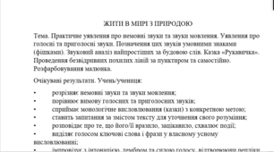 Конспект урок "Немовні звуки та звуки мовлення. Голосні та приголосні звуки. Позначення звуків умовними знаками. Звуковий аналіз найпростіших за будовою слів. Казка «Рукавичка»." (1 клас, М. Чумарна "Українська мова.Буквар")