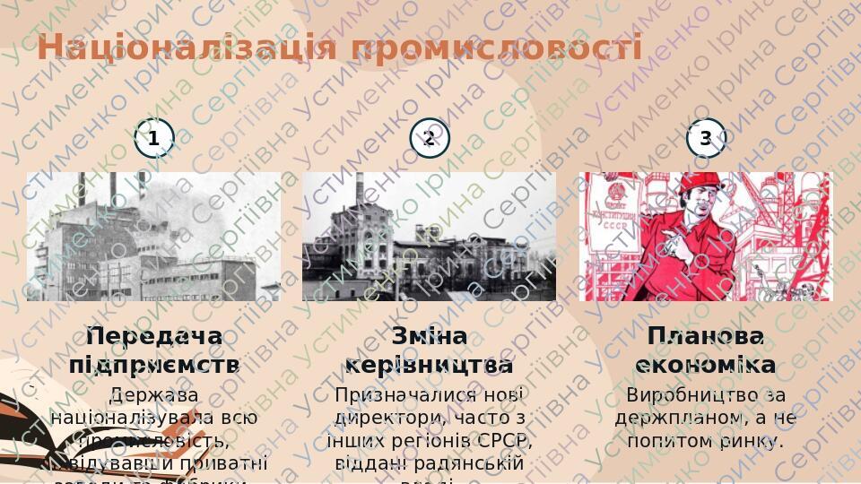Націоналізація промисловості 1 Передача підприємств Держава націоналізувала всю промисловість, ліквідувавши приватні заводи та фабрики. 2 Зміна кер...