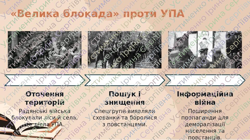 «Велика блокада» проти УПА Оточення територій Радянські війська блокували ліси й села, де діяла УПА. Пошук і знищення Спецгрупи виявляли схованки т...