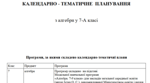 Календарне планування. Алгебра 7 клас (НУШ), 3 години на тиждень