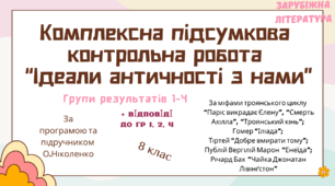 КОМПЛЕКСНА ПІДСУМКОВА КОНТРОЛЬНА РОБОТА (4 групи результатів) із зарубіжної літератури для 8 класу за розділом: "ІДЕАЛИ АНТИЧНОСТІ З НАМИ"