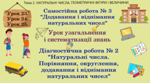 Тема 2. НАТУР. ЧИС. ГЕОМ. ФІГУРИ І ВЕЛИЧИНИ. Ур. 23, 24, 25, (11, 12, 13 теми). С.Р. № 3 Додаван. і відніман. натур. чис. Ур. узагальн. і системат. знань. Д.Р. №2 "Натур. чис. Порівняння, округлення, додаван. і відніман. натур. чис.".
